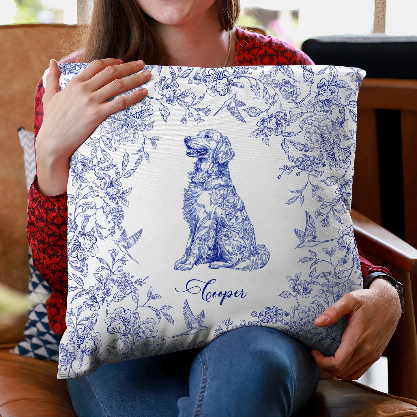 Personalisierter Kissenbezug – Toile de Jouy im Chinoiserie-Stil