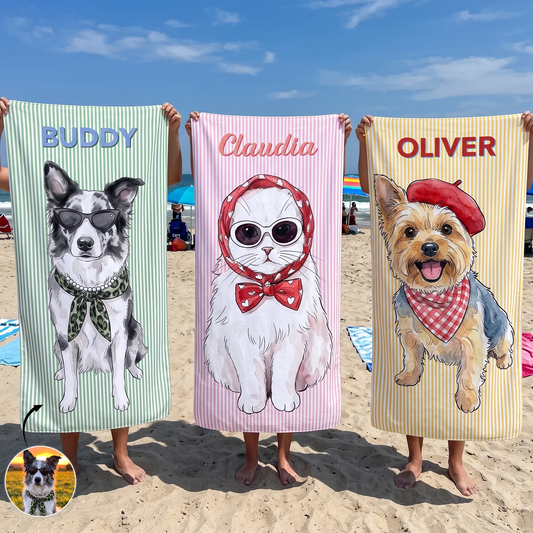 Personalisiertes Strandtuch – Aquarellporträt vom Haustier – Geschenk für Tierliebhaber