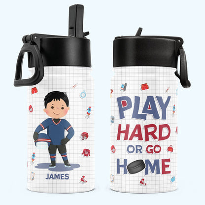 Personalisierte Flasche für Kinder mit Strohhalmdeckel (350 ml) – Eishockey Play Hard Or Go Home