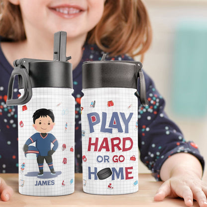 Personalisierte Flasche für Kinder mit Strohhalmdeckel (350 ml) – Eishockey Play Hard Or Go Home