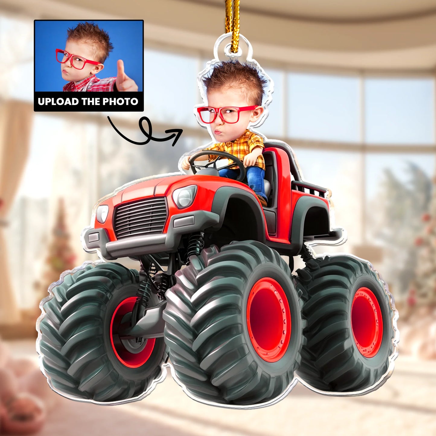 Personalisierte Weihnachtsdeko – Kind auf dem Monstertruck