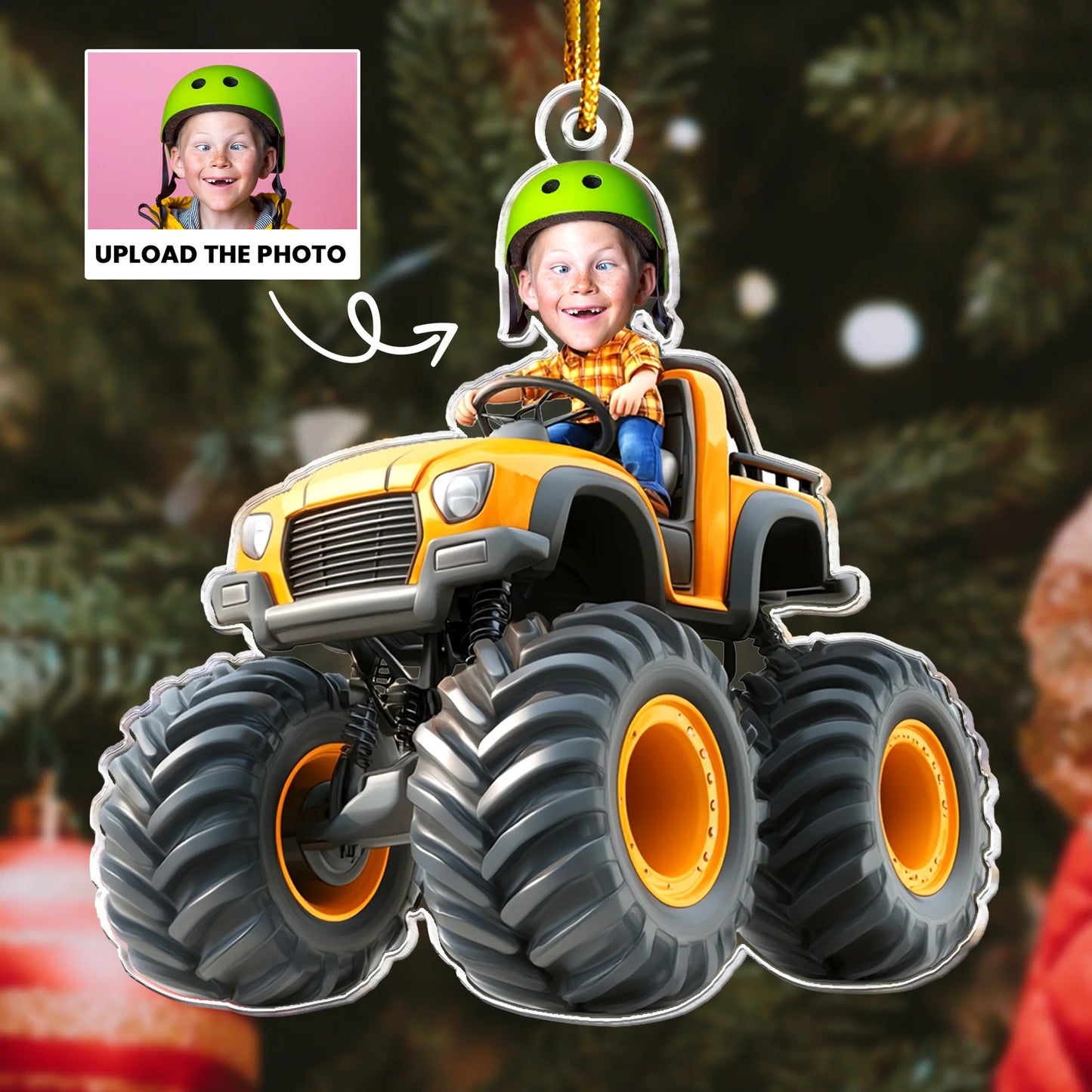 Personalisierte Weihnachtsdeko – Kind auf dem Monstertruck