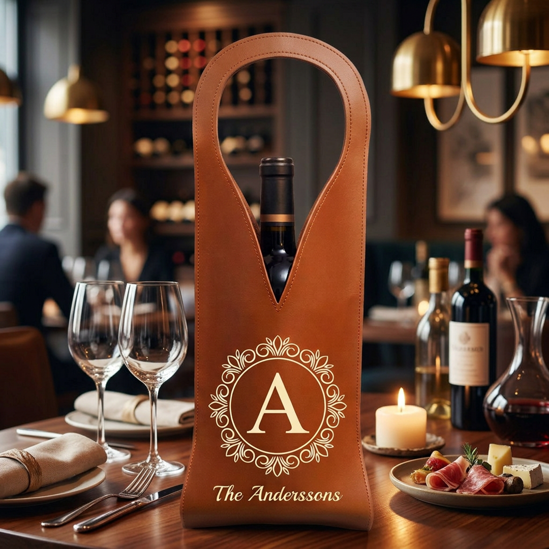 Personalisierte Weintasche aus Leder – Monogramm-Initiale