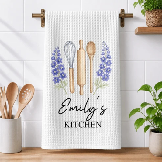 Personalisiertes Küchentuch – Geburtsblume & Name – Geschenk für Mama