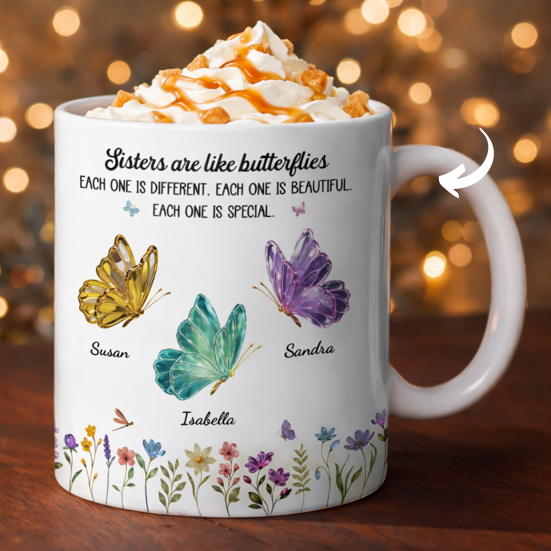 Personalisierte Tasse – Schwestern sind wie Schmetterlinge