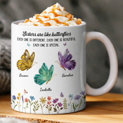 Personalisierte Tasse – Schwestern sind wie Schmetterlinge