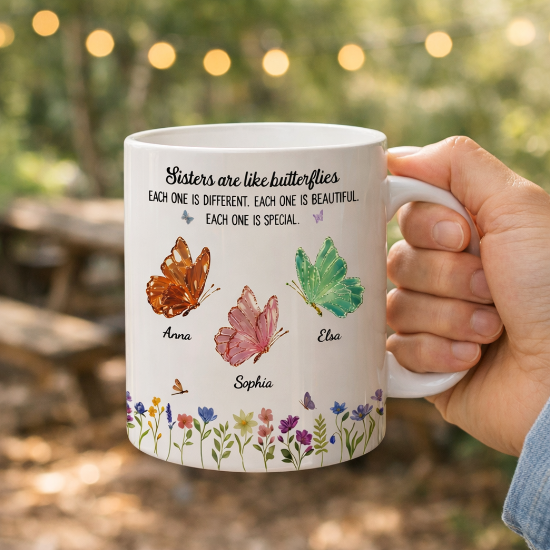 Personalisierte Tasse – Schwestern sind wie Schmetterlinge