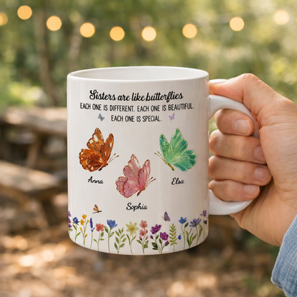 Personalisierte Tasse – Schwestern sind wie Schmetterlinge