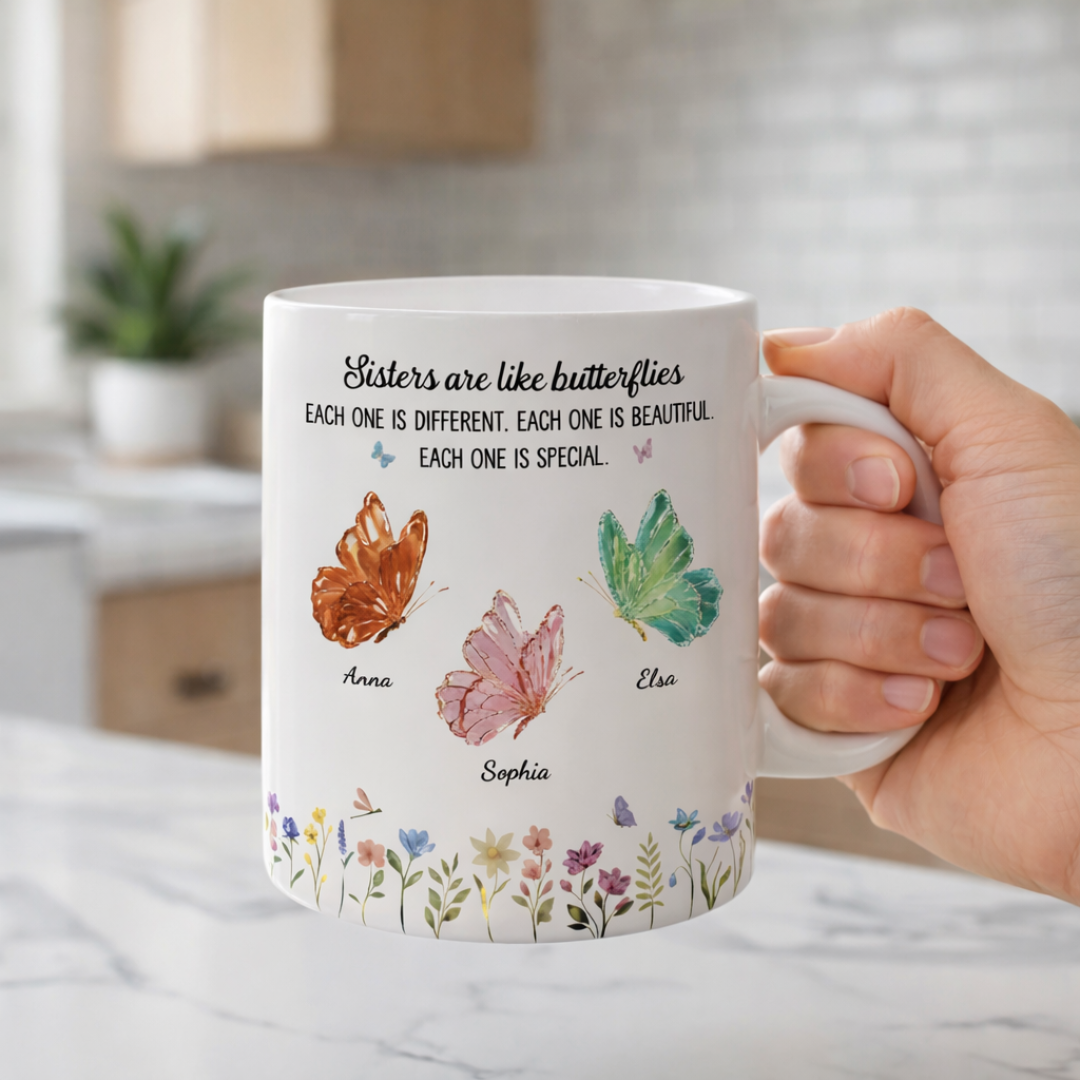 Personalisierte Tasse – Schwestern sind wie Schmetterlinge