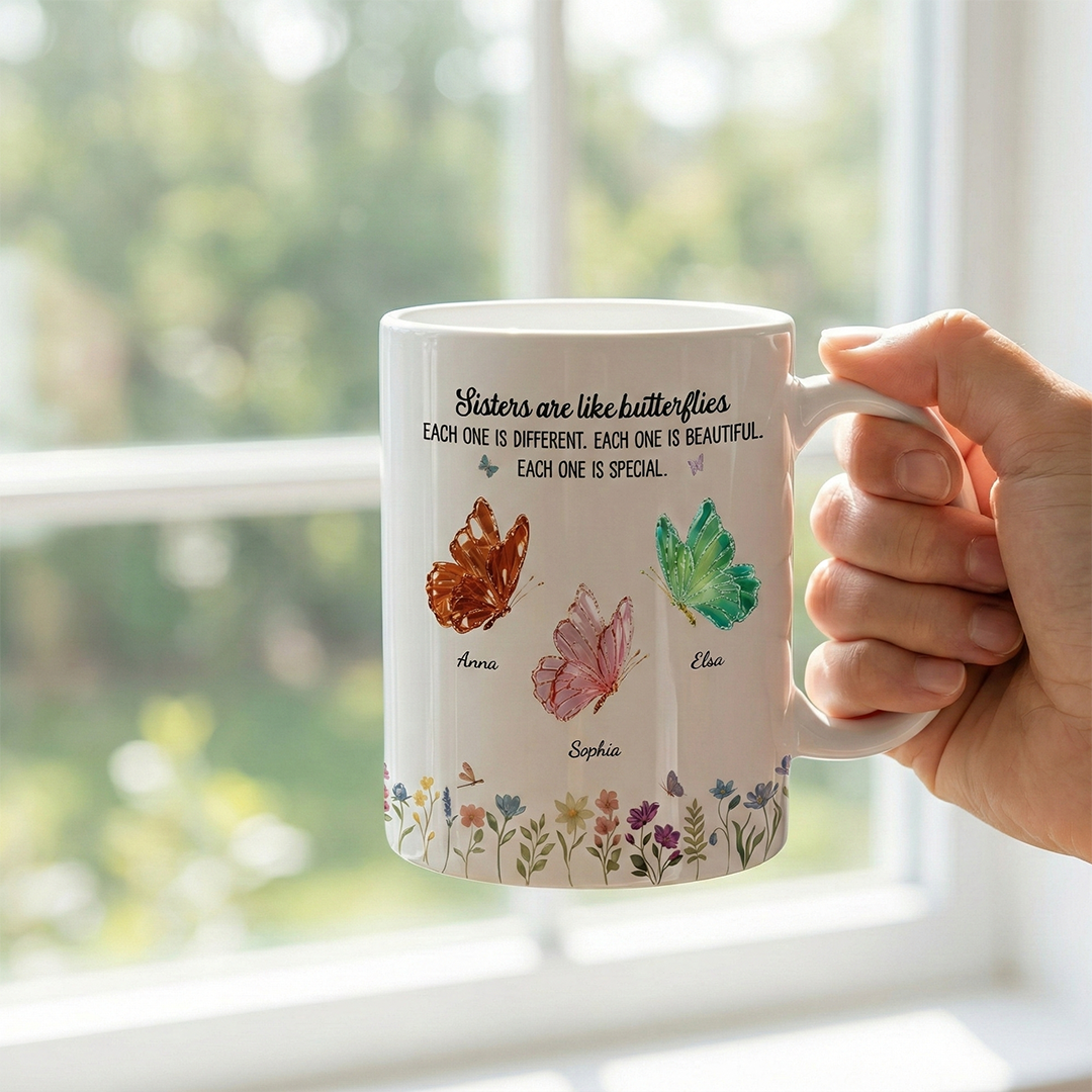 Personalisierte Tasse – Schwestern sind wie Schmetterlinge