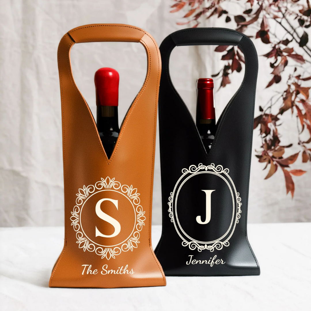 Personalisierte Weintasche aus Leder – Monogramm-Initiale