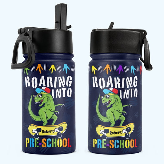 Personalisierte Trinkflasche für Kinder mit Strohhalmdeckel (350 ml) – Brüllt los Richtung Schule