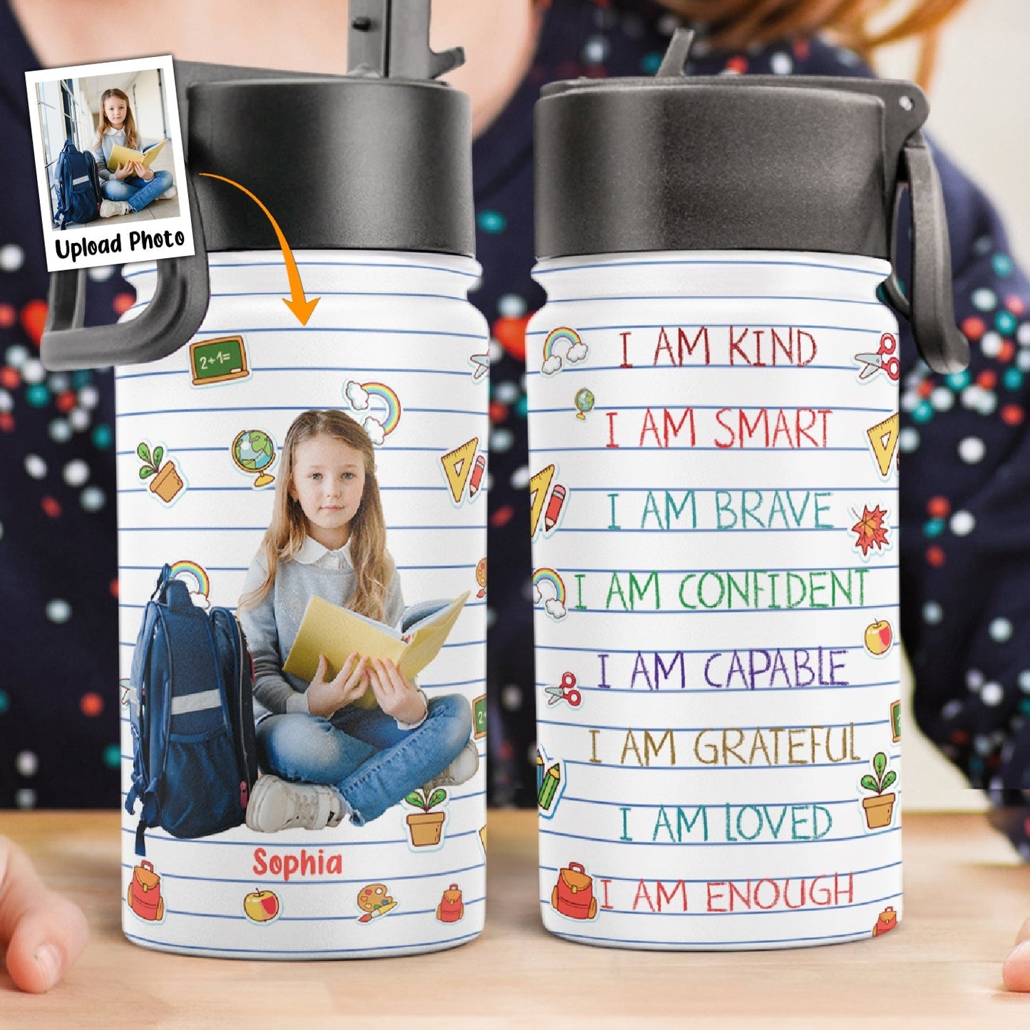 Personalisierte Trinkflasche für Kinder mit Strohhalmdeckel (350 ml) – Klug, Geliebt, Mutig (Foto)