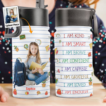 Personalisierte Trinkflasche für Kinder mit Strohhalmdeckel (350 ml) – Klug, Geliebt, Mutig (Foto)