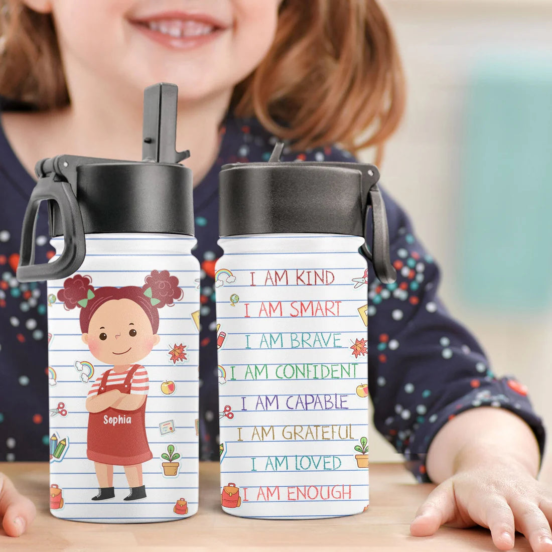 Personalisierte Trinkflasche für Kinder mit Strohhalmdeckel (350 ml) – Klug, Geliebt, Mutig