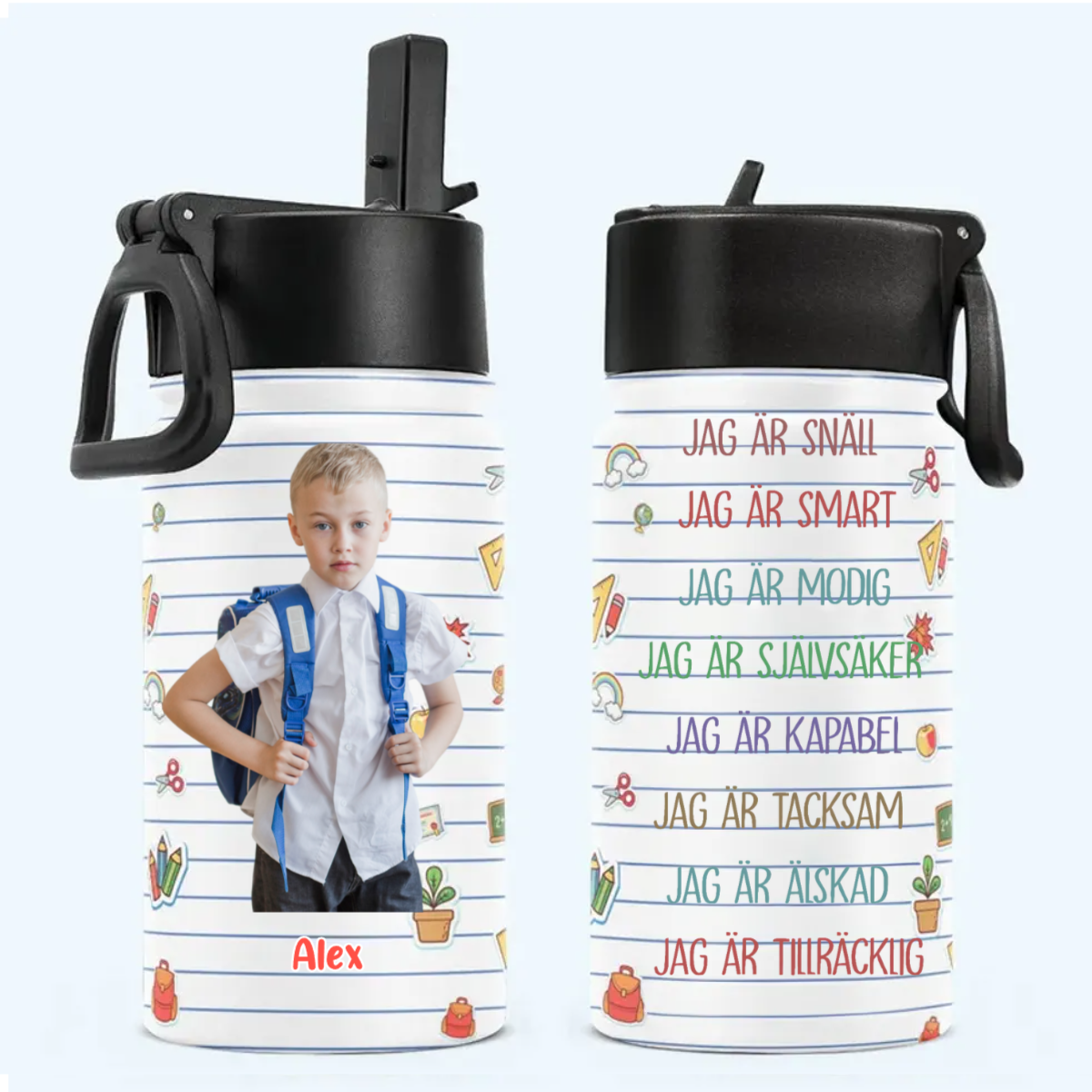 Personalisierte Trinkflasche für Kinder mit Strohhalmdeckel (350 ml) – Klug, Geliebt, Mutig (Foto)
