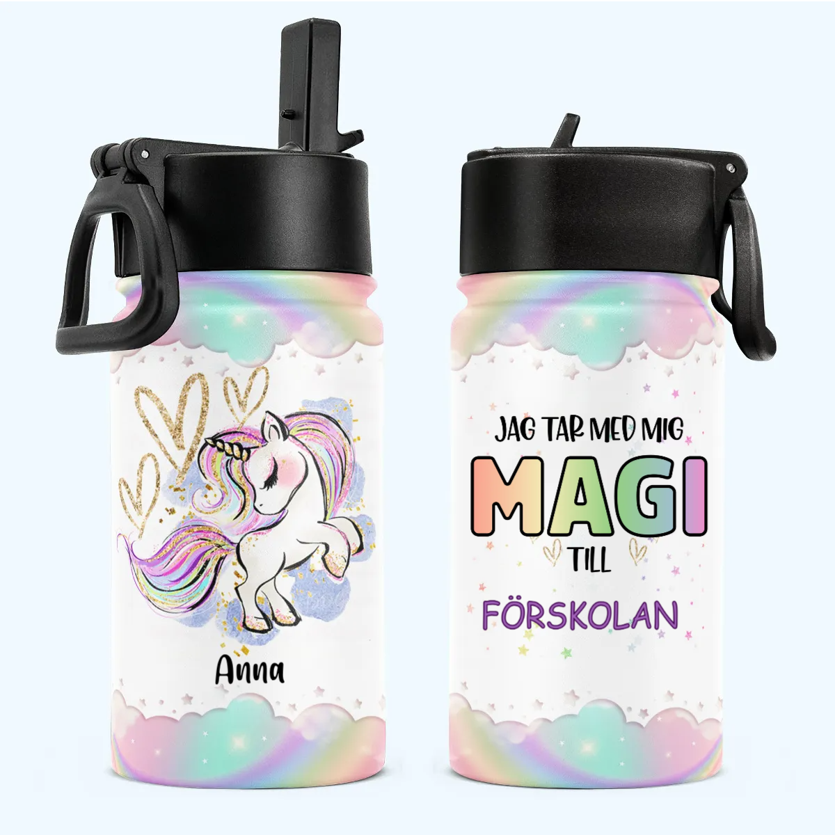 Personalisierte Flasche für Kinder mit Strohhalmdeckel (350 ml) – Ich bringe Magie mit in die Schule