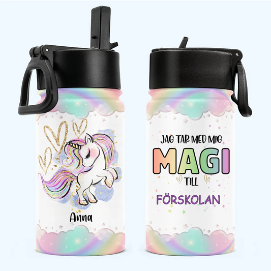Personalisierte Flasche für Kinder mit Strohhalmdeckel (350 ml) – Ich bringe Magie mit in die Schule