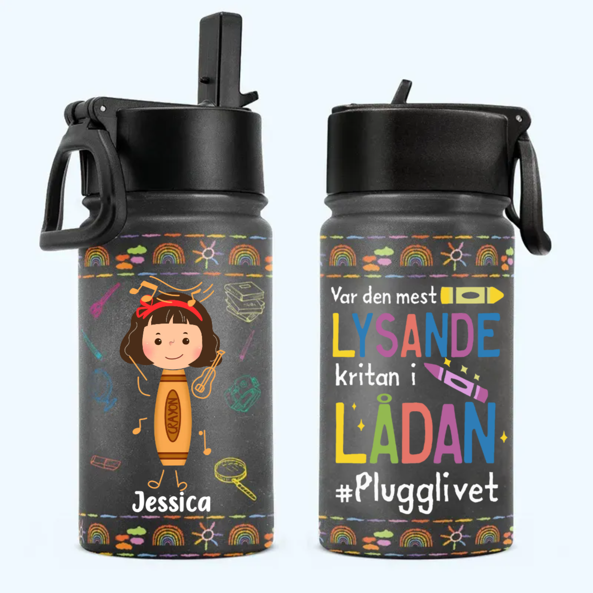 Personalisierte Trinkflasche für Kinder mit Strohhalmdeckel (350 ml) – Leuchtende Kreide