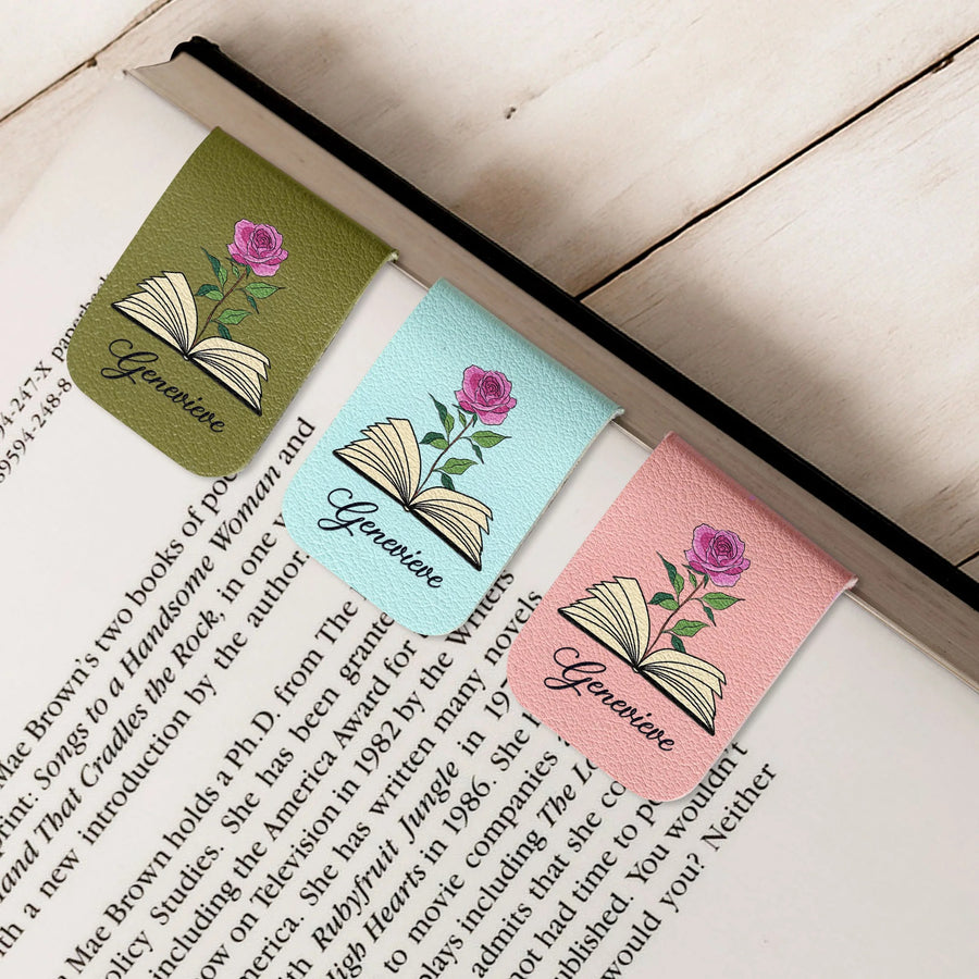 Personalisiertes magnetisches Lesezeichen aus Leder – Name & Geburtsblume