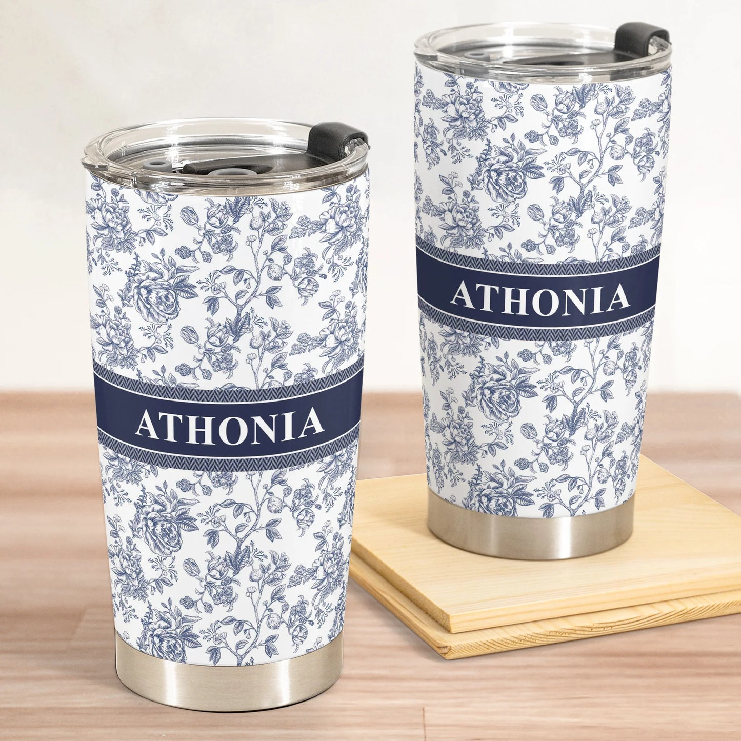 Personalisierter Thermobecher – Blumen-Toile de Jouy im französischen Stil