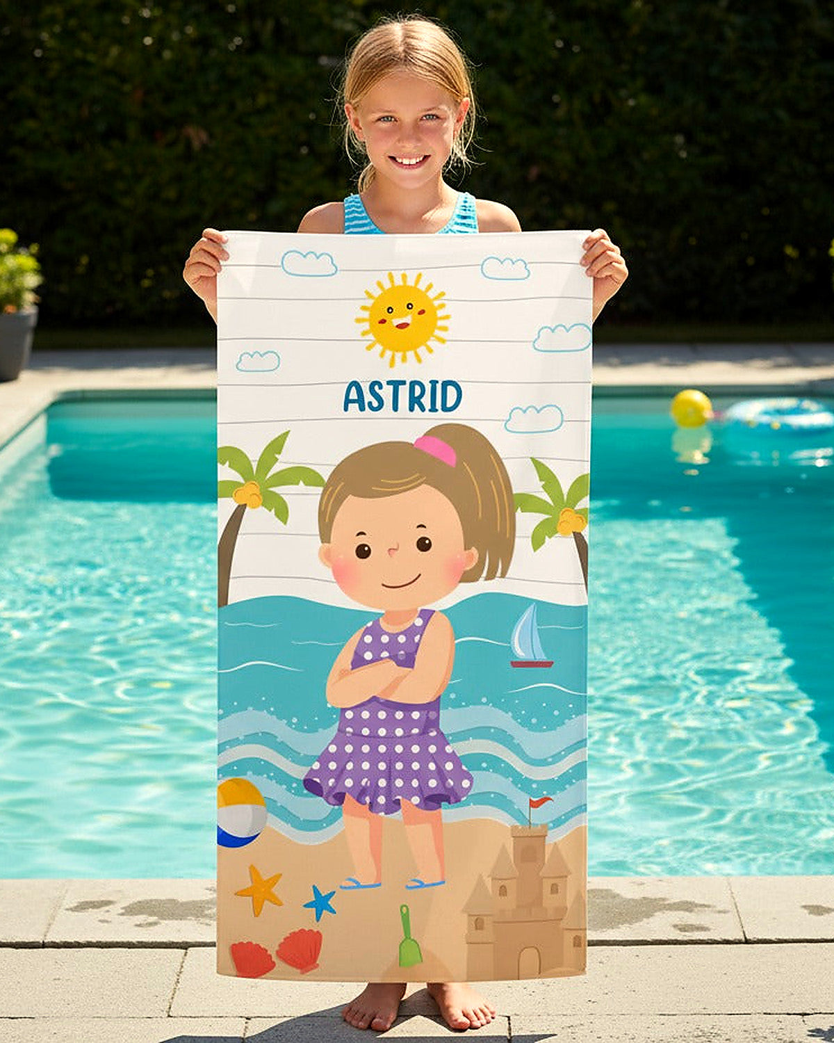 Astrid mit ihrem personalisierten Handtuch am Pool