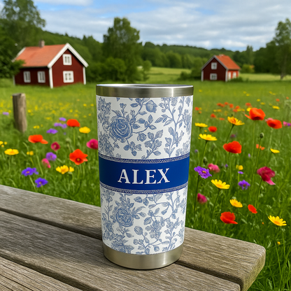 Personalisierter Thermobecher – Blumen-Toile de Jouy im französischen Stil